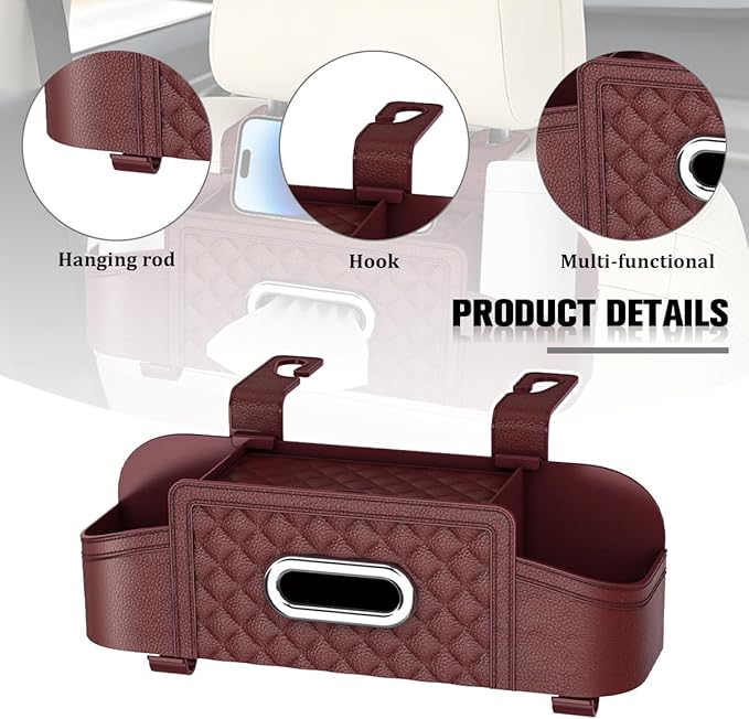 Car Backseat Organizer, 4-in-1 Multifunctional Vehicle Seat Back Tissue Box with Cup Holder & Hook, Auto Backseat Hanging Storage Box for Bag Phone Drink, Universal for Vehicles (Wine Red)