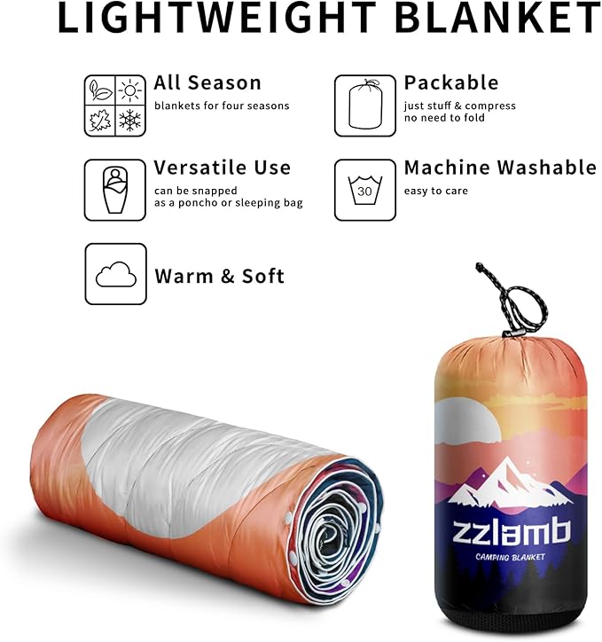 zzlamb Camping Blanket for Cold Weather,Outdoor Puffy Blanket Portable Down Alternative,Windproof Warm Cloak with Snaps,Cozy Quilt Backpacking Picnic RV Travel Plane Car Hammock Beach Climbing