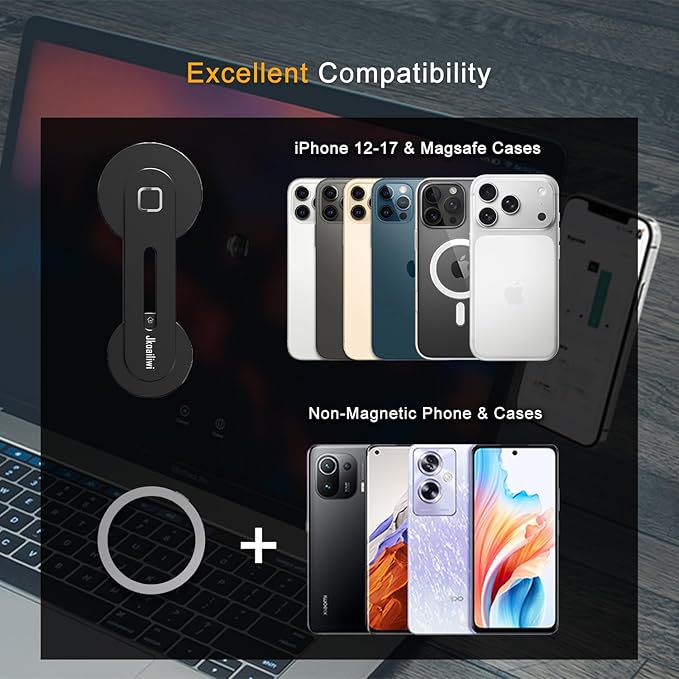Magnetic Laptop Phone Holder Mount for Dual Screen, 180° Adjustable Edge Computer Phone Holder for Monitor's Top and Side, Extended Laptop Stand Accessories for iPhone 12-17 All Phones