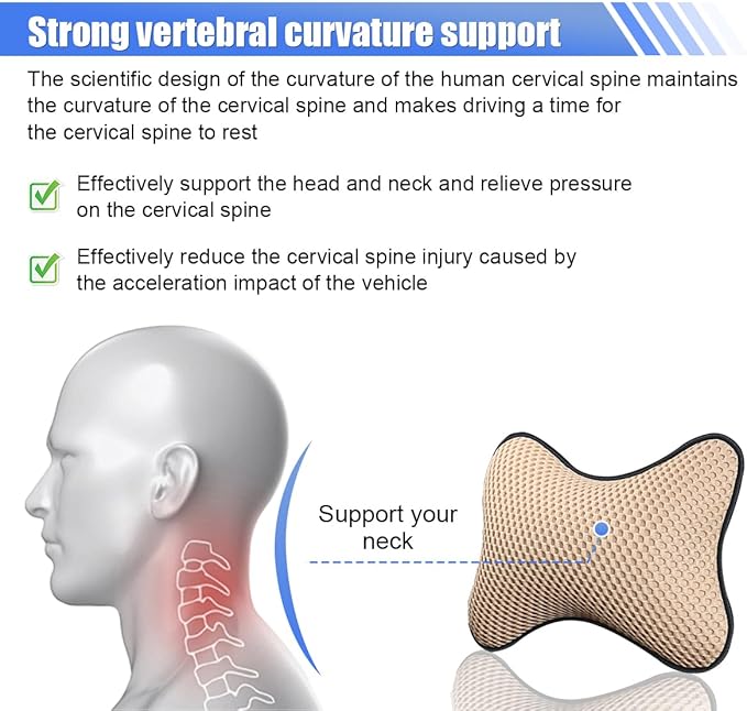 2PCS Car Headrest Pillow, Breathable Leather Car Neck Pillow, Soft Cloud Silk Cotton Neck Support Relief Cushion, Comfortable Automotive Seat Head Rest Pad for Driving Fatigue Relief (Beige)