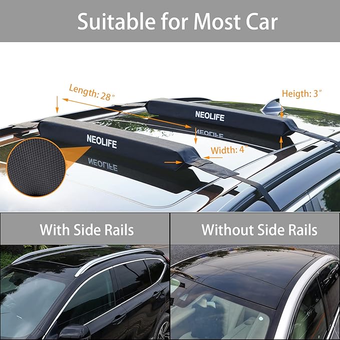 Soft Roof Rack Pads with Single Wrap-Rax Straps and Storage Bag, Universal Car Roof Rack for Surfboard, Kayak, SUP Paddleboard, Canoe, 28" (Pair)