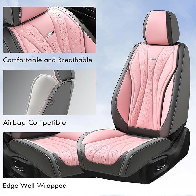 Coverado Front Seat Covers, Luxury Leather Seat Covers for Cars, Automotive Seat Cover, Car Seat Protector Waterproof, Premium Car Seat Covers Car Seat Cushions Universal Fit for Most Cars (Gray&Pink)