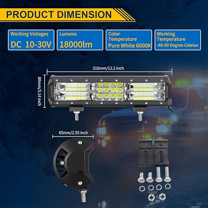 AUXTINGS 12 inch 180W LED Light Bar Triple Row Spot Flood Beam Off Road Lights Waterproof Work Light with Wiring Harness for Jeep Trucks SUV ATV UTV Boat Lights,DC 12V 24V