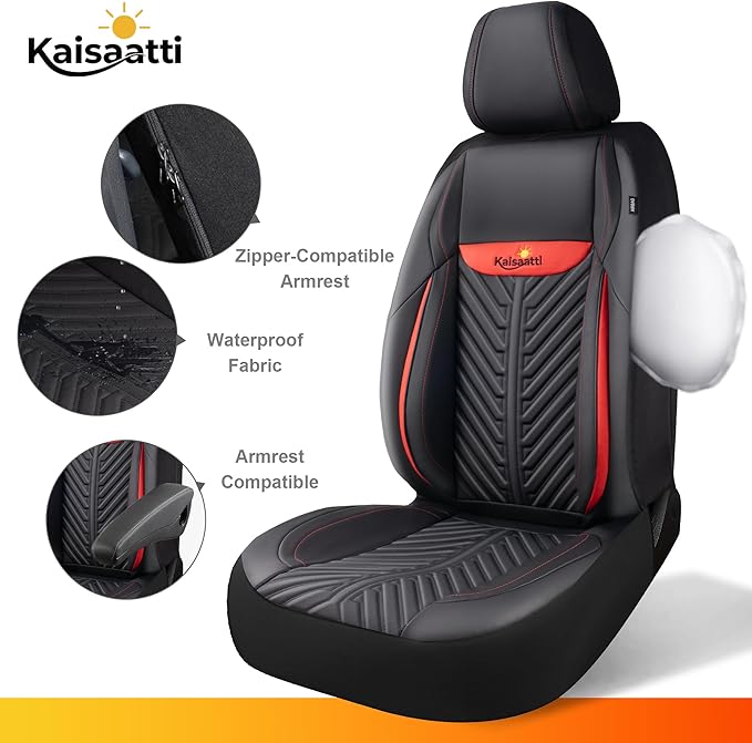PU Leather Car Seat Covers Full Set – Waterproof seat Cover for Cars，3D Foam Support Automotive seat Covers ，Airbag Compatible, Universal Fit for Cars SUVs Trucks Sedans（Black/Red）