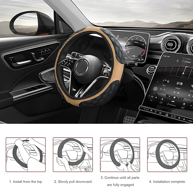 Car Steering Wheel Cover, 15 Inch Elastic Comfortable Auto Steering Wheel Protector, Anti-Slip Leather Wheel Cover Fashionable Interior Accessories for Most Cars Trucks SUVs (Beige)