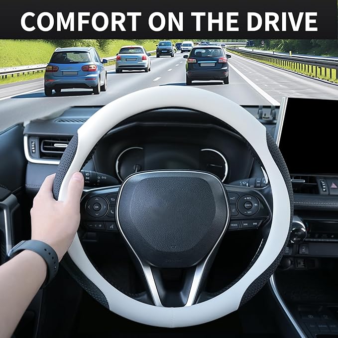 Nappa Leather Steering Wheel Cover, Universal 14.5–15 Inch Non-Slip Breathable Steering Wheel Cover for Cars, White