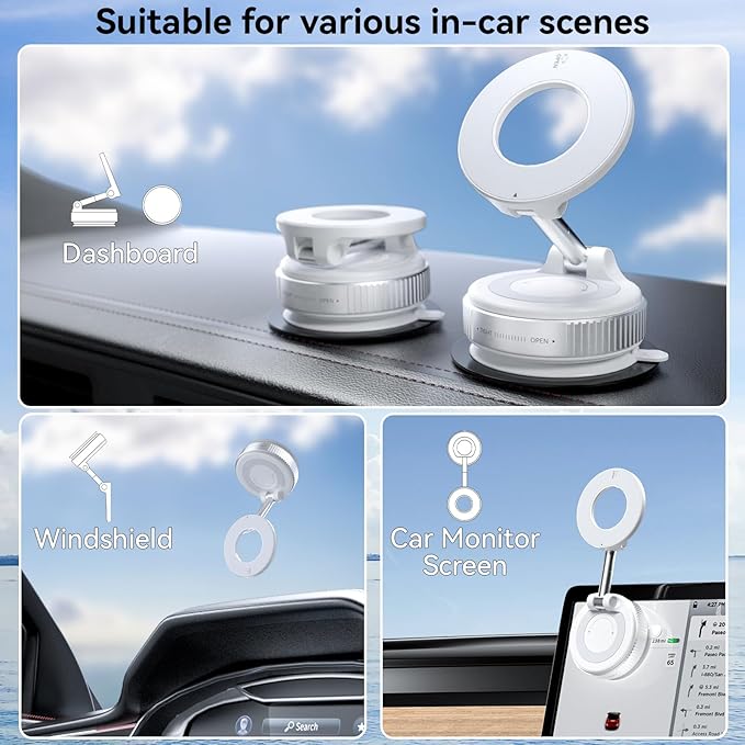 CloudValley Magnetic Car Phone Mount, [Compatible with MagSafe] 360° Adjustable Foldable Holder for Dashboard, 80LBS Suction & 2800gf Magnet, Car Accessories for iPhone 16 Pro Max 15 14, White