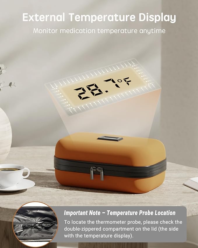 Insulin Cooler Travel Case with Temp Display, 2 x 180g TSA Approved Ice Packs, 9-Layer Insulation for Improved Cooling, Insulin Pen Case, Waterproof, for Daily Use and Trips (Bright Orange)