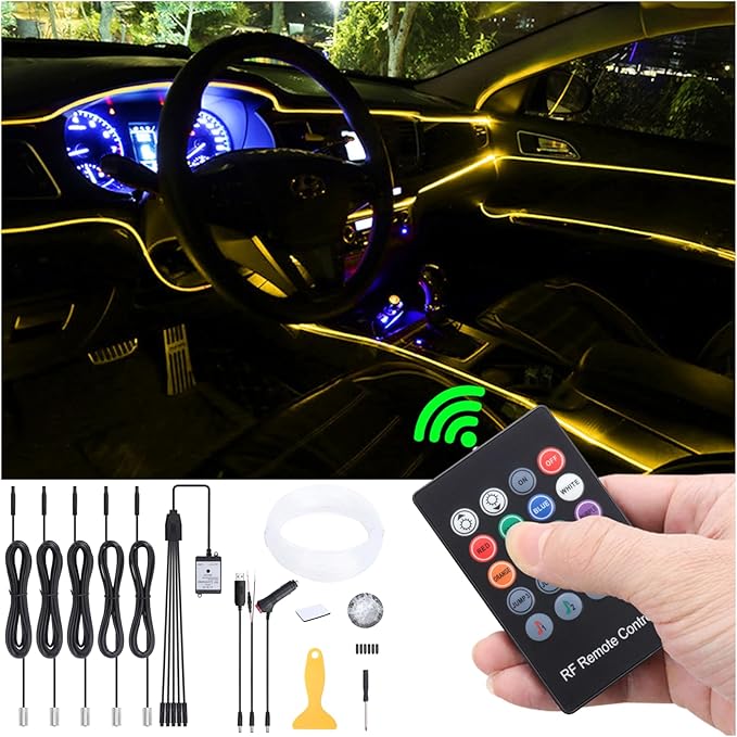 6 Meters Optic Fiber Car Ambient Lighting with RF Remote Control 8 Colors Multicoloured Music Interior Lighting Kit DC 12V 1W