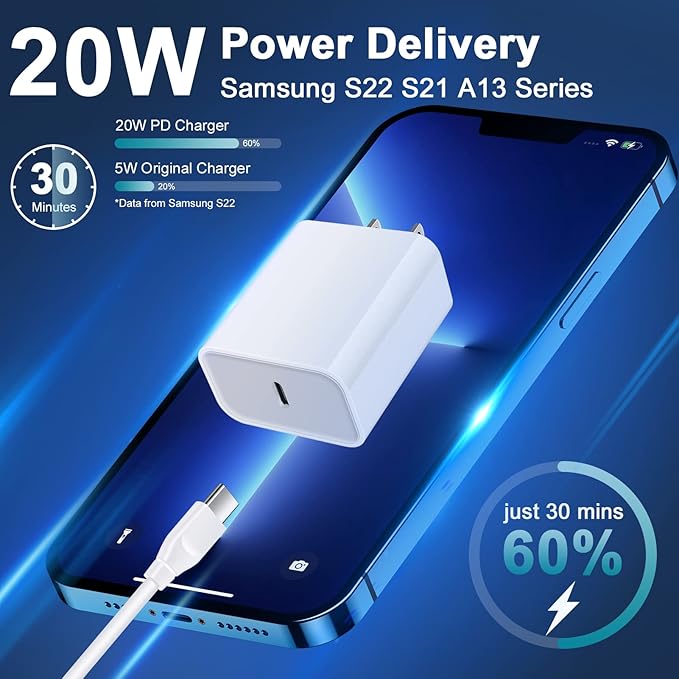 20W USB C Fast Samsung Charger Block 6FT Android Phone Cord for Samsung Galaxy A17 A16 5G A54 A14 A15 S26 S25 A03s S24 S23 A23 S21FE S22 Ultra A13 A53 A32 S20,Wall Plug Box,Type C to C Charging Cable
