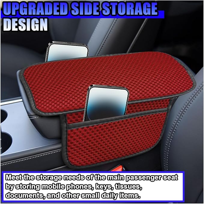 Car Center Console Cover, Cooling Auto Armrest Cushion Pad with 2 Storage Bags, Breathable Elbow Pillow Middle Console Protector, Universal Vehicle Interior Accessories (Red)