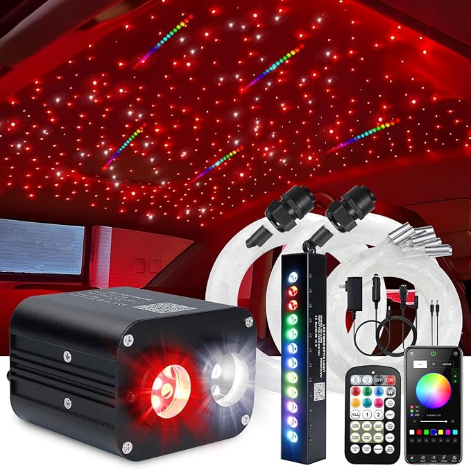 Starlight Headliner Kit,Twinkle + Music Sync Dual Color Fiber Optic Star Ceiling Lights with APP Remote Control, RGBW Shooting Star Lights for Car/Home Ceiling Decor, 900pcs 9.8ft
