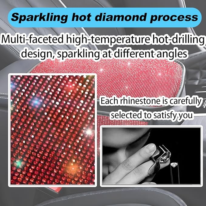 Bling Car Center Console Cover, Crystal Rhinestone Vehicle Armrest Cover Cushion with 2 Storage Bags for Women Girls, Diamond Auto Storage Box Protector Pad, Universal Fit (Red)