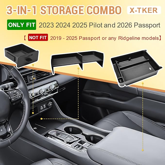 3PCS Center Console Organizer Insert Tray Compatible with Honda 2023 2024 2025 Pilot & 2026 Passport Interior Accessories, Armrest Storage Box & Front Center Console Shelf & Glove Box Hidden Drawer