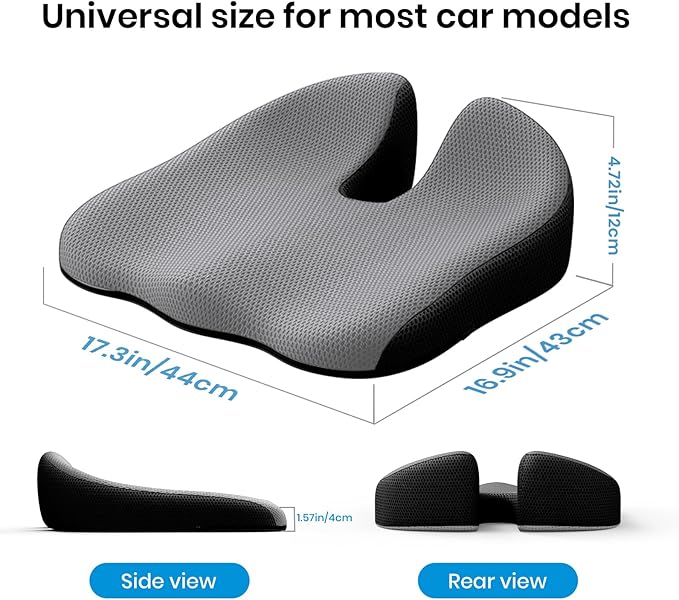 Benazcap Car Seat Cushion - Memory Foam Car Seat Pad - Sciatica & Lower Back Pain Relief - Car Seat Cushions for Driving - Road Trip Essentials for Drivers-Grey
