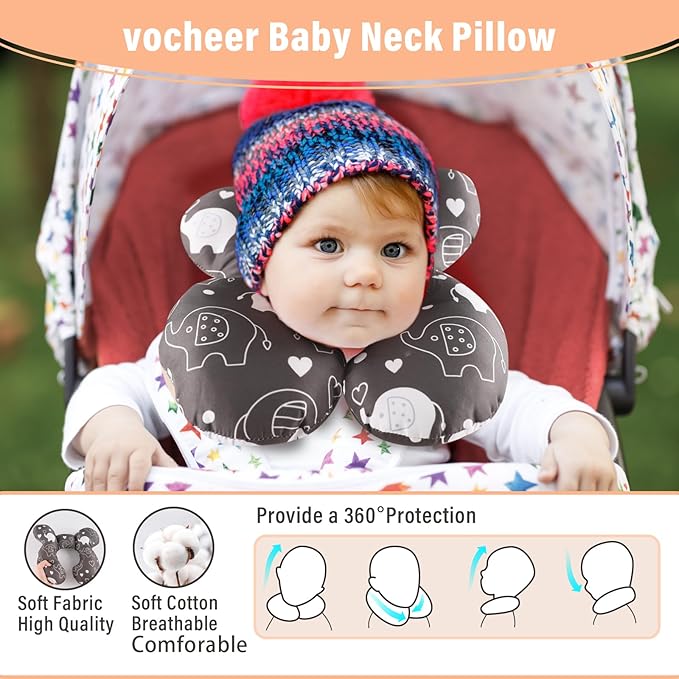 vocheer Baby Travel Pillow(Upgraded), Head and Neck Support Pillow for Pushchair, Car Seat,Stroller, Bouncer, Cotton (Elephant)