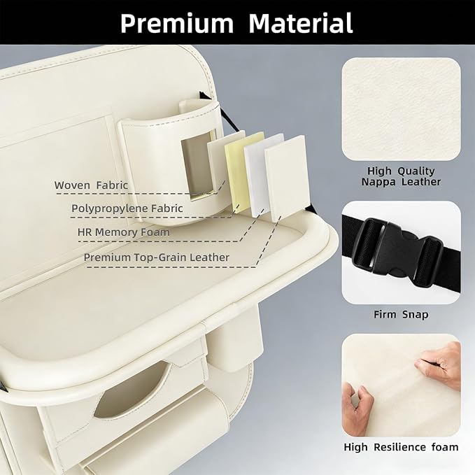 Universal Premium Leather Foldable Car Backseat Organizer with Table Tray, Car Seat Back Protector with Garbage Bag Touch Screen Pad Holder, Car Kick Mats Protector with Tissue Holder (Beige)