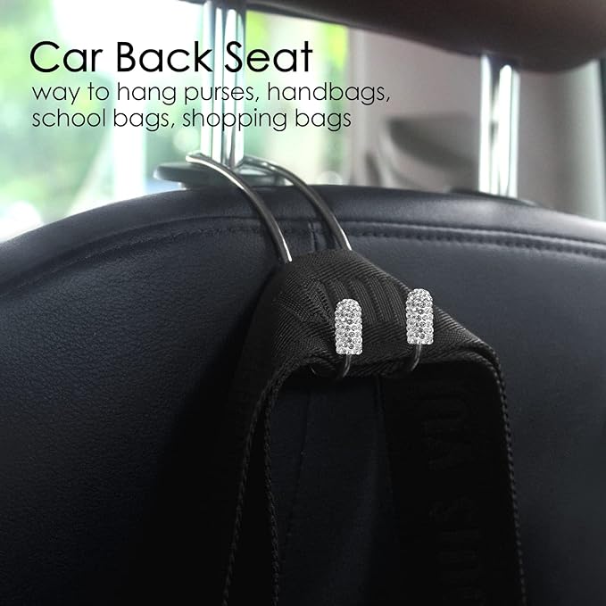 Guoord 2024 Upgraded Car Headrest Hook Decorations - 2pcs Bling Purse Hook Hangers, Stainless Steel Car Hangers and Durable Backseat Holder, Universal SUV Truck Vehicle (White)