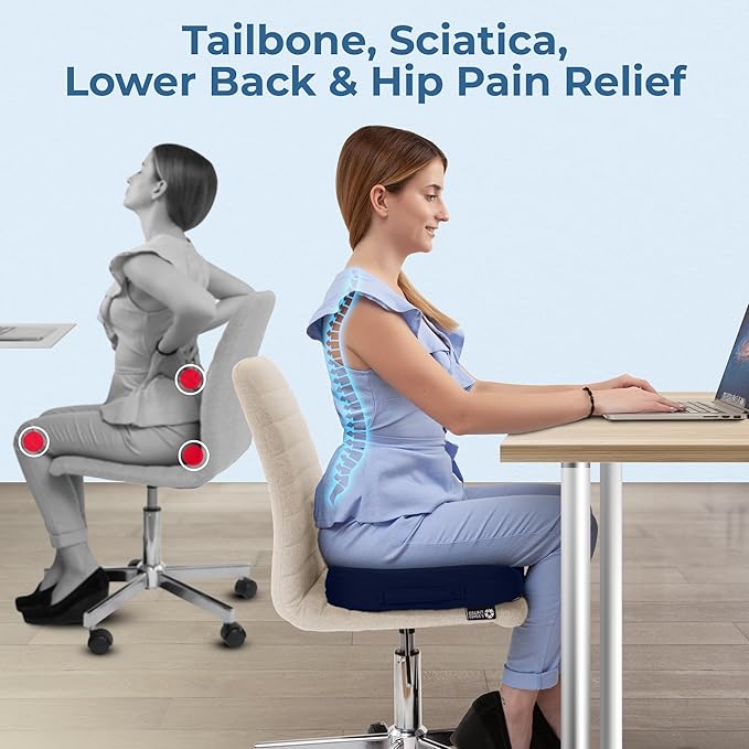 5 STARS UNITED Seat Cushion - Memory Foam Chair Cushion for Tailbone Pain Relief - Ergonomic Support for Coccyx, Sciatica & Butt - Office, Desk & Gaming Chair, Car Seat, Wheelchair, Airplane, Blue