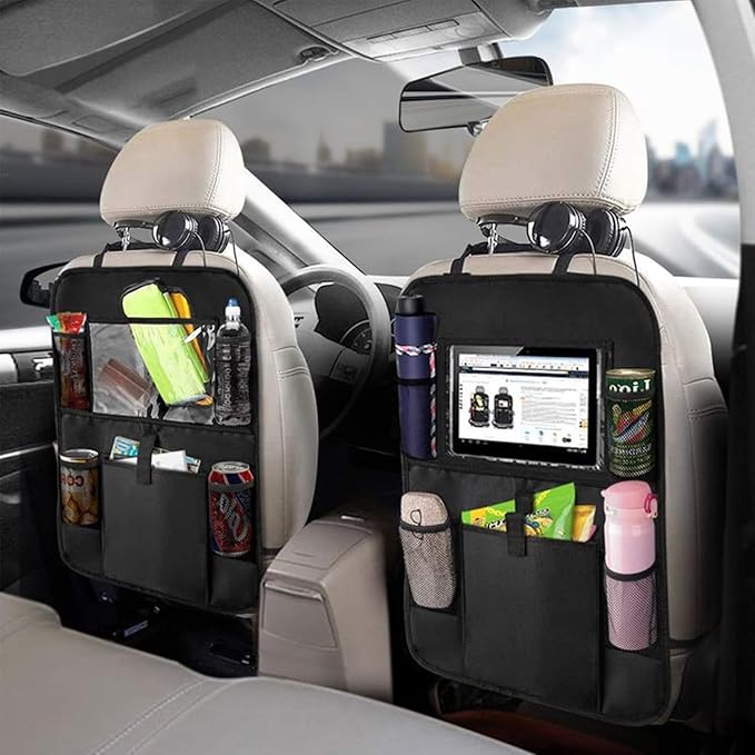 2 Pack Backseat Car Organizer, Seat Back Storage Bag with Touch Screen Tablet Holder Waterproof Seat Back Protectors Kick Mats for Kids Toddlers.