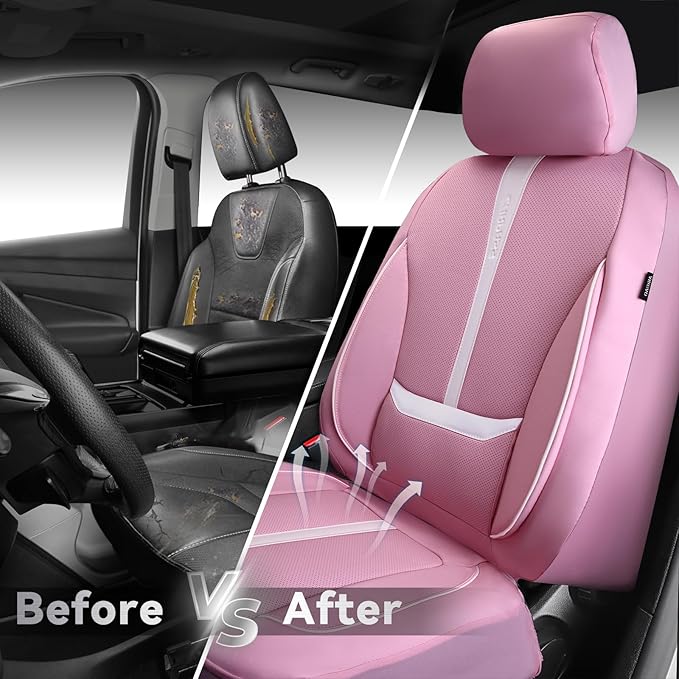 CAR PASS Nappa Leather Car Seat Covers, Cute Girly Water Resistant 3D Foam Faux Leather Seat Covers, Lumbar Support Automotive Seat Covers 2 Front Seats, Universal Fit for Cars SUV, Cute Pink White
