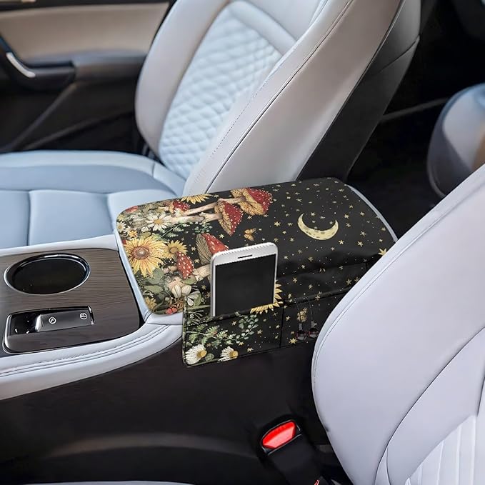 Dreaweet Starry Sky Mushroom Car Armrest Cover Pad Thick Center Console Cover with Pockets Cute Car Accessories for Women Universal Arm Rest Cover for Car Center Console for Truck SUV Cars Sedan