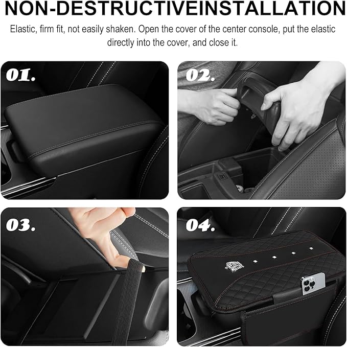 NBTEPEM Bling Crown Car Center Console Armrest Cover, Leather Middle Console Cover Cushion with 2 Storage Bags, Car Armrest Storage Box Interior Accessories for Most Vehicles(Black)
