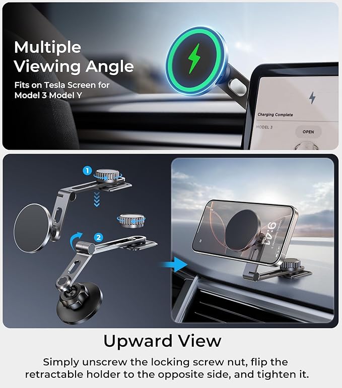 Tesla Phone Mount Charger for iPhone MagSafe 【Hidden Foldable Design】 15W Wireless Charging, Universal Car Magnetic Dashboard Phone Holder, Tesla Model 3/Y/Cybertruck Accessories