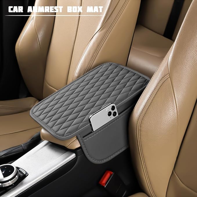Car Armrest Cushion Pad, Leather Vehicle Center Console Cover with 2 Storage Bags, Non-Slip Automotive Interior Arm Rest Seat Box Cover Accessories, Universal for SUV RV Sedan (Silver Gray)