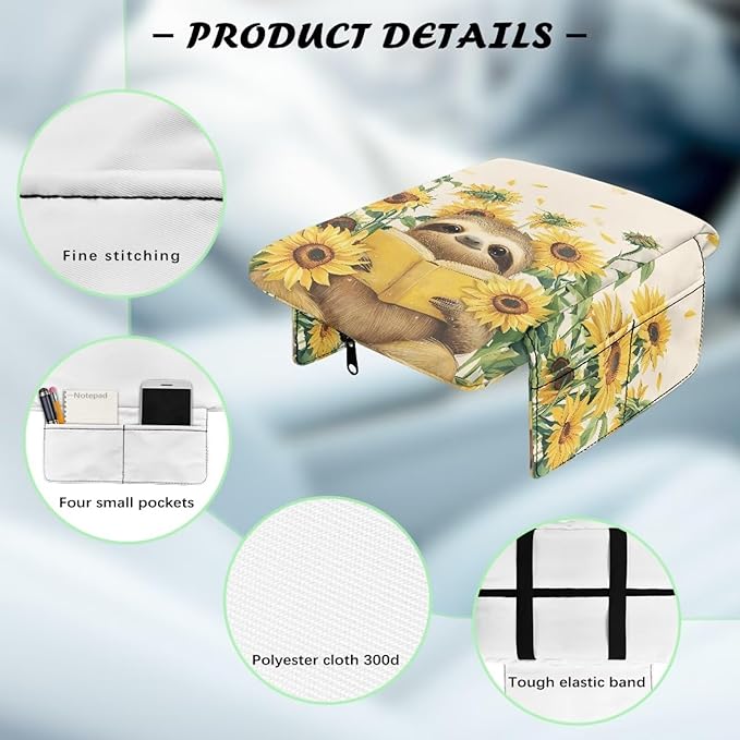Dreaweet Car Console Covers with Pockets Cute Sunflower Sloth Arm Rest Cover for Car Women Thick Car Armrest Cushion Pad Universal Fit Most Vehicle SUV Trucks Sedan Van