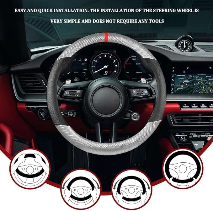 Car Steering Wheel Cover, Steering Wheel Accessories, 15 Inch Microfiber Leather Carbon Fiber Soft Anti-Slip Breathable, Car Accessories Elastic Non-Slip Cover for Most Vehicles (Gray Silver)