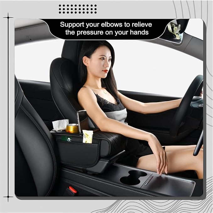 Car Center Console Organizer Armrest Storage Box with 2 Cup Holders-Universal 5-in-1 Leather Cushion Cover,Phone Slot & Tissue Holder for SUV/Sedan(Black)