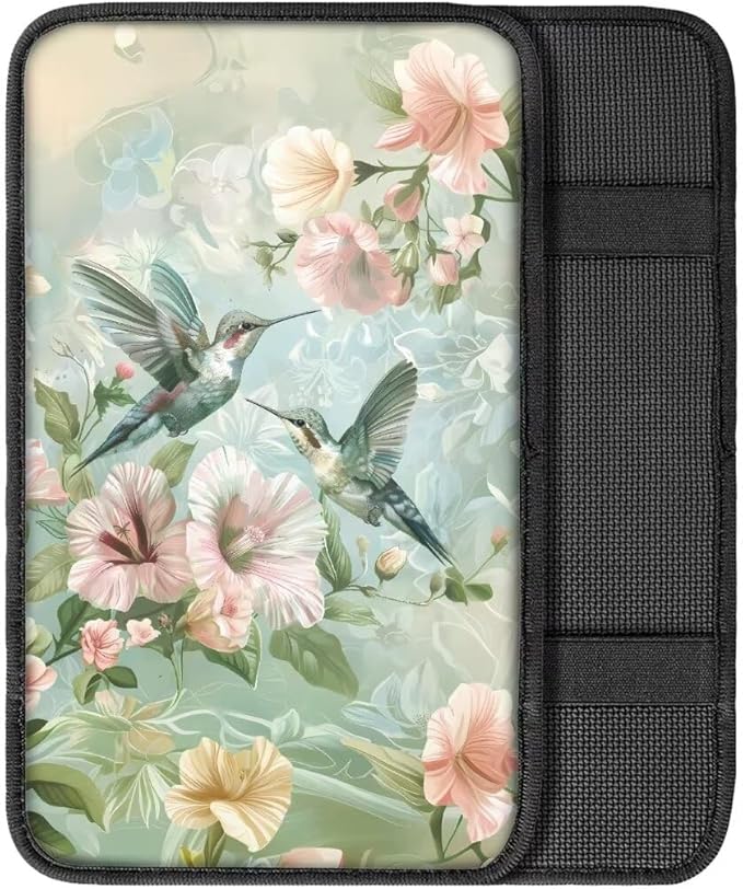 Coldinair Hummingbird Floral Universal Car Center Console Pad Soft Armrest Protector Cover Fit for Most Vehicle,SUV,Truck,Car Interior Accessories Decor,Green