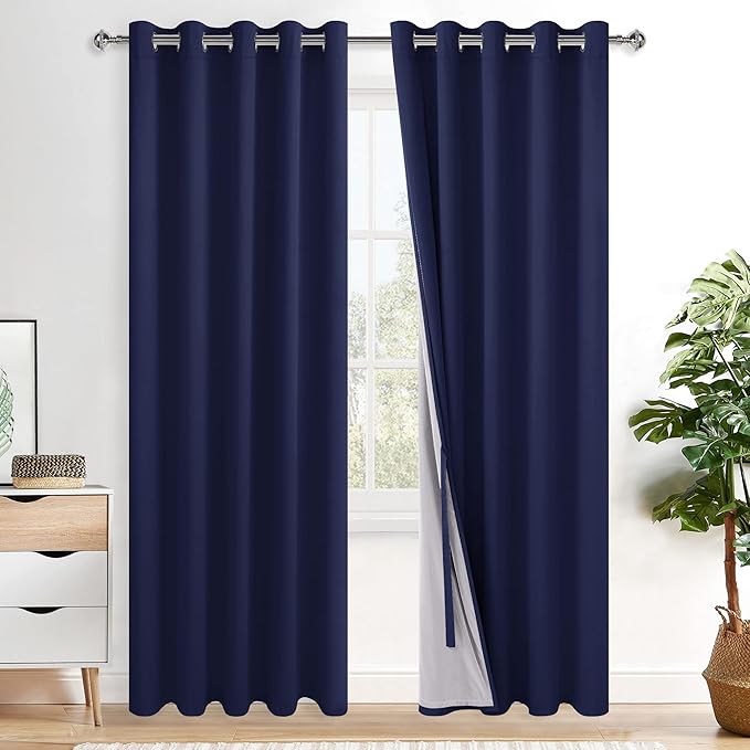 XWZO 100% Blackout Curtains 84 Inches Long with Tiebacks- Noise Blocking & Energy Efficiency Window Draperies Grommet Top with Black Liner for Bedroom/Living Room, Navy Blue, W60 x L84, Set of 2