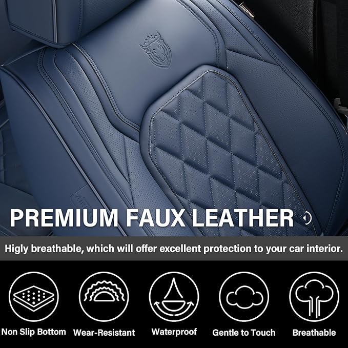 Coverado Car Seat Covers Full Set, Luxury Faux Leather Seat Covers for Cars, Waterproof Car Seat Protector, Blue Car Seat Cover, Universal Automotive Seat Covers Fit for Most Sedan SUV Trucks