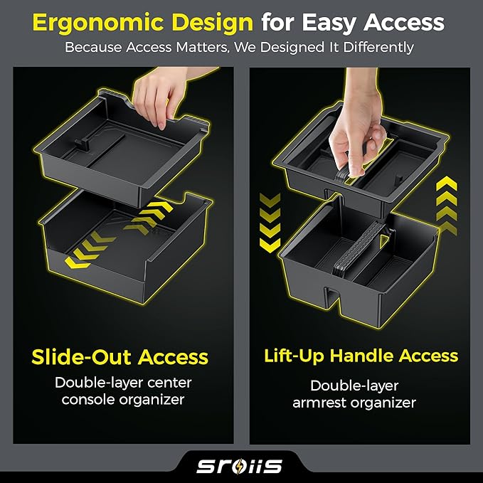 Sroiis® Gen 2 Double-Layer Center Console Organizer Set for Tesla Model Y Juniper Accessories (2025 2026) True 2-Tier Storage System [ Upper Tray + Hidden Lower Compartment ] - 3PCS Jet Black