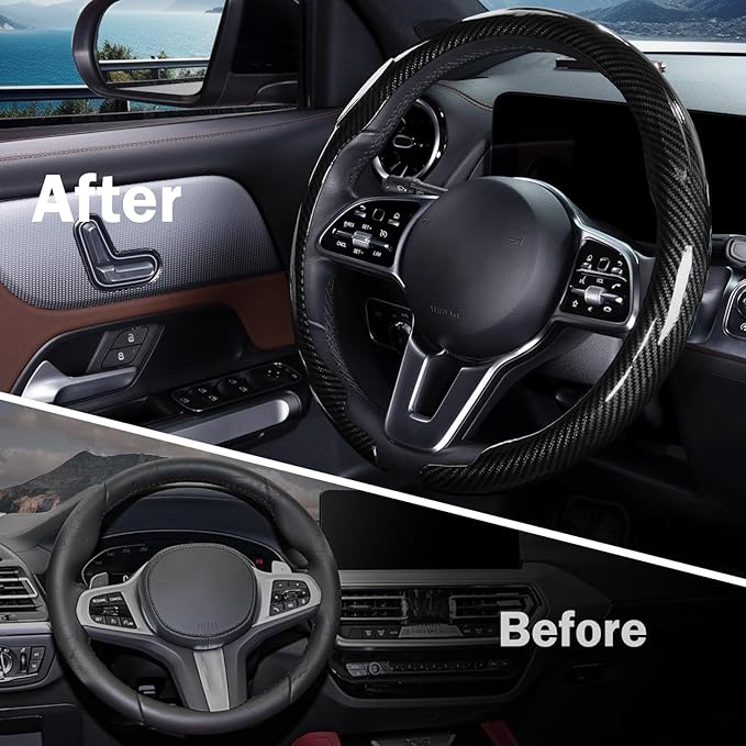 Car Steering Wheel Cover Carbon Fiber Snap On Steering Wheel Accessories Wrap 14.5-15 inch Universal Grip Anti-Skid Protector, Glossy Black