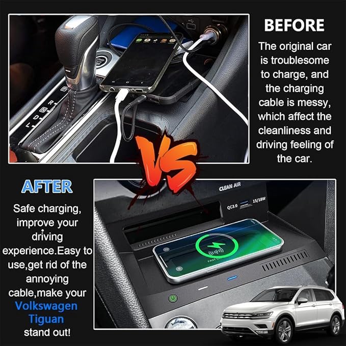 Wireless Car Charger for Volkswagen VW Tiguan MK2 2017 2018 2019 2020 2021, Wireless Fast Phone Charging Pad with 18W QC3.0 USB, Fit for Volkswagen Tiguan Interior Accessories Upgrades