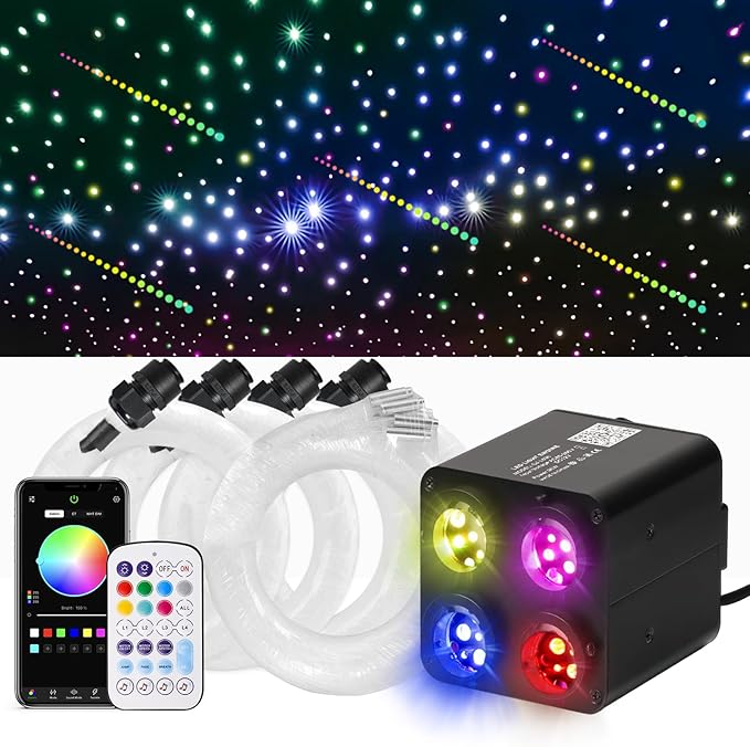 36W 4-Color Twinkle&RGBW Meteor Starlight Headliner Kit, 2-in-1 Fiber Optic Light Engine with APP Control, 1200pcs0.03in13.1ft Shooting Star Ceiling Lights, Sound-Activated Star Sky Decor for Car&Home