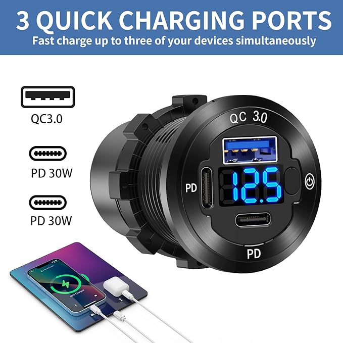 12V USB Car Socket Round USB C 12V Outlet, 3-Port Marine Fast Charger Waterproof Cigarette Outlet Replacement Aluminum with Switch & Voltmeter, Suitable for Boat Golf Cart RV Motorcycle Truck