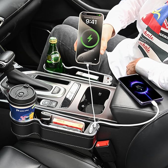 7 Colors LED Car Seat Gap Organizer Front Seat Organizer with 56W Fast Charger Center Console Gap Filler with USB Type C Charging Car Organizer with Cup Holder,LED Auto Interior Accessories (Black)