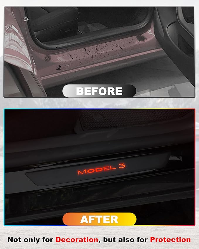 LED Door Sill Lights for Tesla Model 3 2017-2025 Accessories, ABS Scratch-Resistant Sill Protector with 7-Color RGB Lighting, Battery Powered Model 3 Pedal Mood Lamp, Matte Black, 4PCS