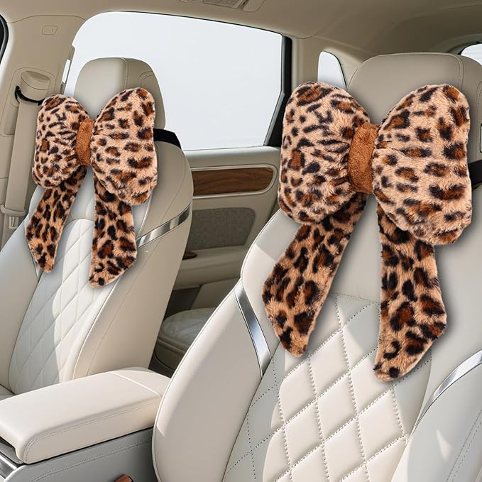 2 Pack Bow Car Headrest Pillow Comfortable Soft Plush Head Rest Cushion, Neck Pillow for Driving Office Use and Car Interior Decoration (Leopard)