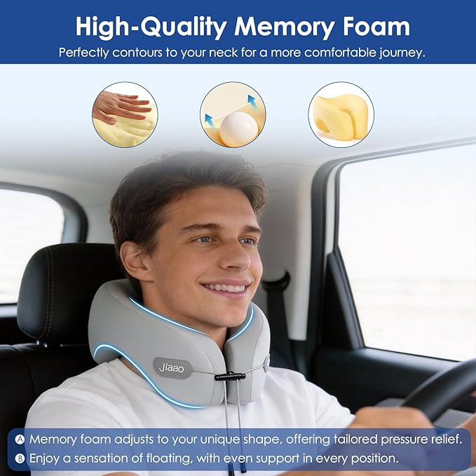 jiaao Travel Pillow Memory Foam Neck Support, Comfortable Airplane Neck Pillow with Adjustable Drawstring for Planes, Cars, Trains, and Long Journeys