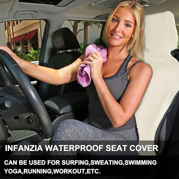 INFANZIA Premium Waterproof Seat Cover Towel Protector Neoprene Universal Fit, Upgraded 100% Washable & Removable Non-Slip Sweat Carseat Towel Covers, Perfect for Gym/Yoga/Workout（Beige,2PCS