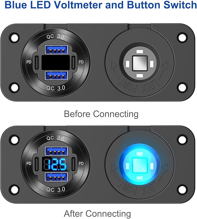 2025 Upgraded 4 Port 12 Volt USB Outlet Cigarette Lighter Socket Panel, Dual PD3.0 and Dual QC3.0 USB Ports Aluminum Car Charger with Voltmeter, Lighted 150W Socket, 2 in 1 DIY Kit for Boat RV, etc.