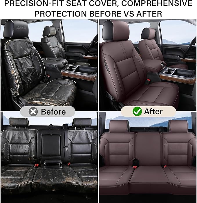 Coverado Chevy Silverado Seat Covers, Leather Car Seat Covers Custom Fit for Chevy Silverado GMC Sierra 2014-2018 1500, 2015-2019 2500HD 3500HD (Full Set, Brown)