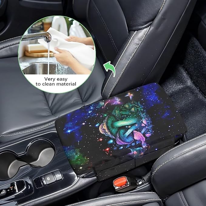 Wanyint Mushroom Galaxy Car Center Console Cover Comfortable Non-Slip Armrest Cushion with Side Storage Pocket Arm Rest Covering Protective Cover Car Interior Accessories
