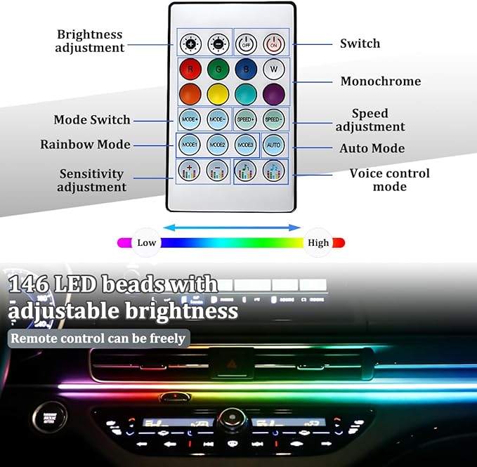 Car LED Strip Lights, 43.3 Inch & 13.8 Inch 2 in 1 64 Colors Music Mode Inside Vehicle Dash Ambient Lighting Kit with Wireless Remote Control, Auto Dashboard Lamp, Universal Fit