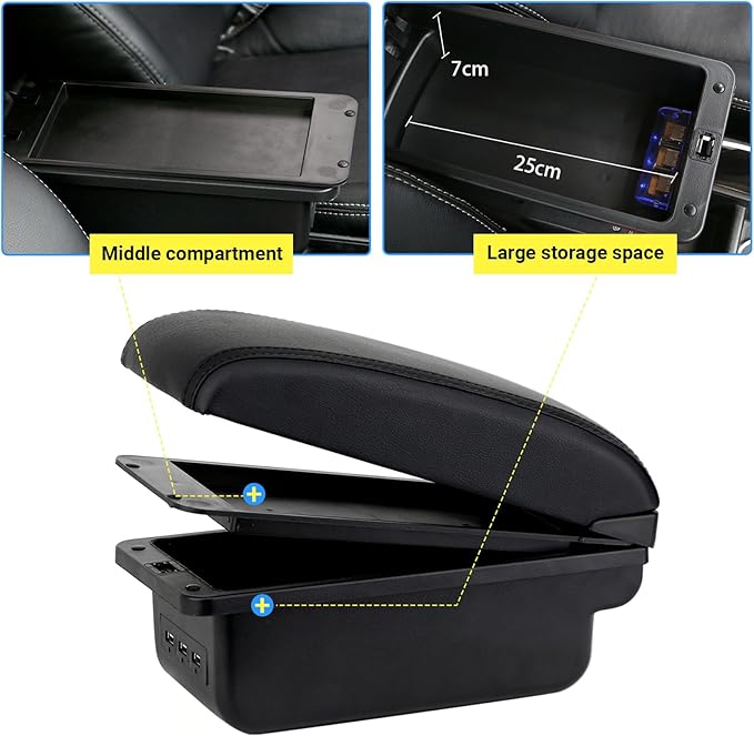 AULPHIKE Compatible with Nissan Versa Armrest 2012-2019 Car Center Console Organizer Armrests Double Layer Storage with 3 USB（Black）